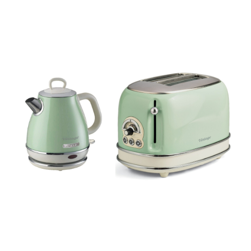 ARIETE Vintage 1L Kettle Green Pear Shape + ARIETE Vintage 2-Slice Toaster Green Design