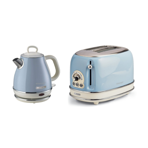 ARIETE Vintage 1L Kettle Blue Pear Shape + ARIETE Vintage 2-Slice Toaster Blue Design