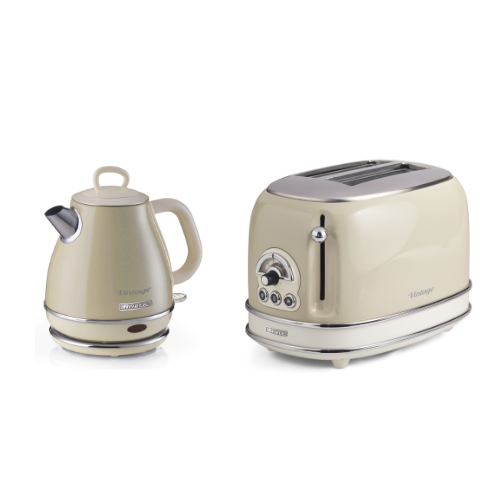 ARIETE Vintage 1L Kettle Beige Pear Shape + ARIETE Vintage 2-Slice Toaster Beige Design