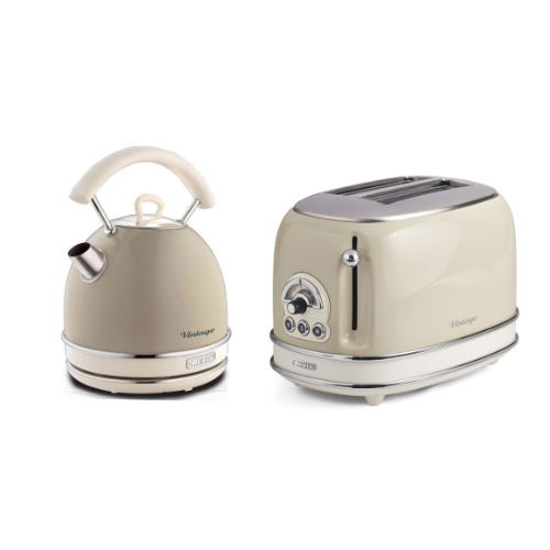 ARIETE Vintage Electric Kettle 1.7L Stainless Steel Beige + ARIETE Vintage 2-Slice Toaster Beige Design