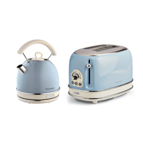 ARIETE Vintage Electric Kettle 1.7L Stainless Steel Blue + ARIETE Vintage 2-Slice Toaster Blue Design