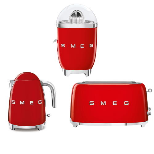 SMEG 1.7L Kettle Red Retro 50's + 4-Slice Toaster + Citrus Juicer