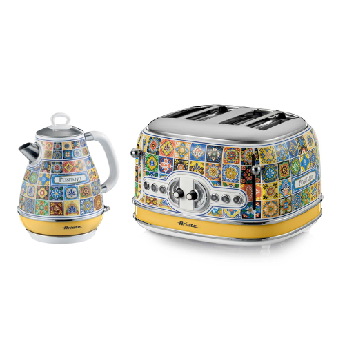 ARIETE Positano Vintage Kettle 1.7L Mediterranean Design + ARIETE Vintage Positano 4-Slice Toaster Mediterranean Design