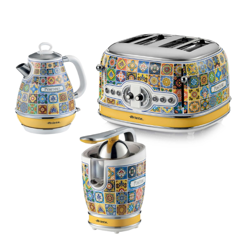 ARIETE Positano Vintage Kettle 1.7L Mediterranean Design + 4-Slice Toaster + Juicer